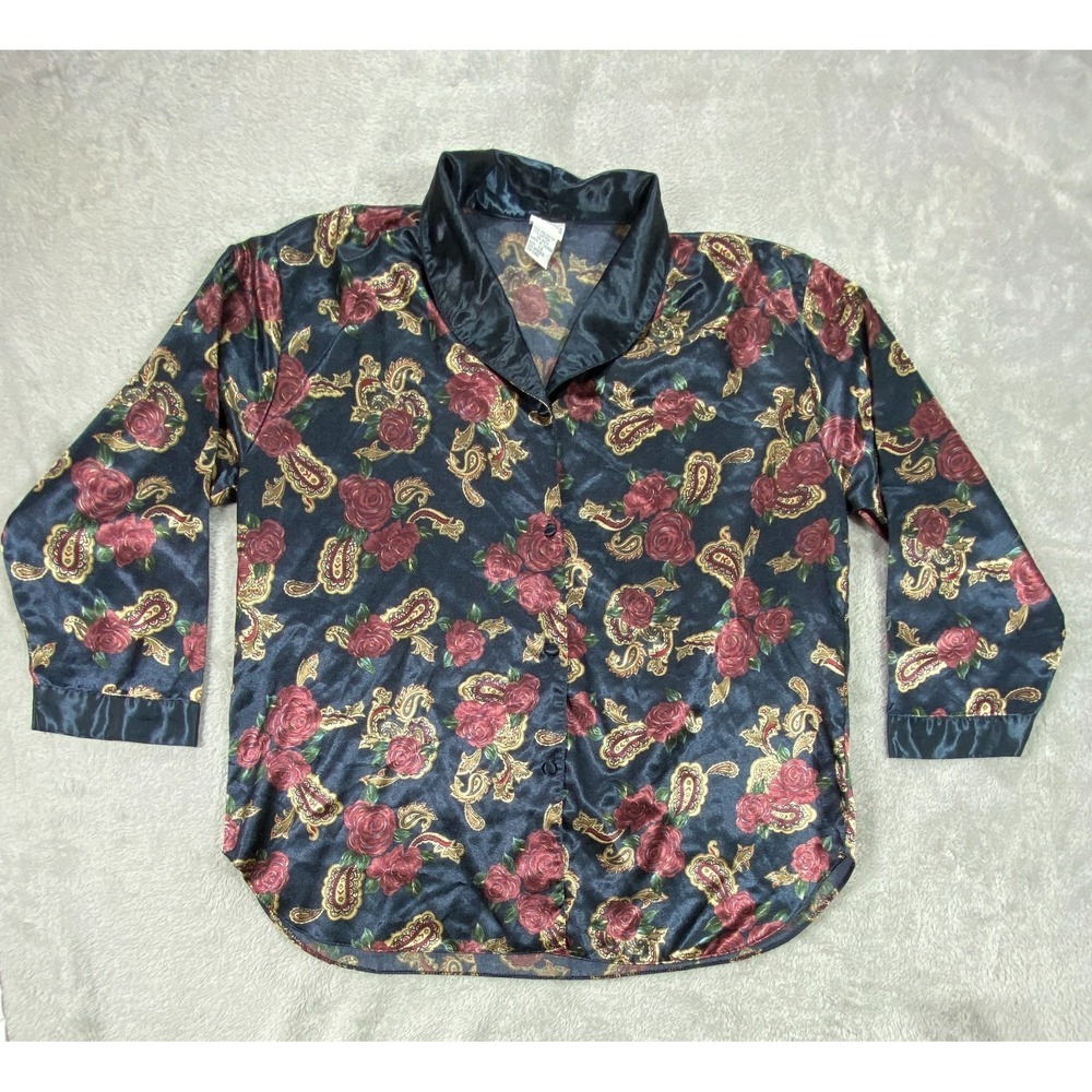 Simple Pleasures Pajama Top Women 1X Black Satin Floral Paisley Cotton Button Up